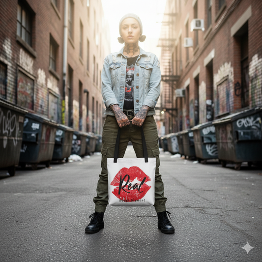 Person holding a tote bag with a red lip print and text in an urban setting