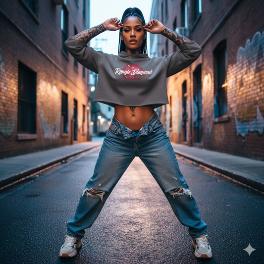 woman in alley wearing crop hoodie with red lip graphic rough diamond streetwear style