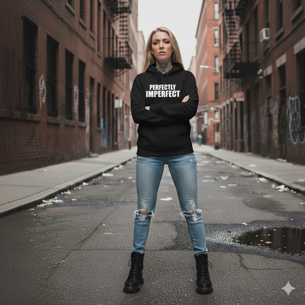 Person wearing a black hoodie with 'PERFECTLY IMPERFECT' text on a city street.