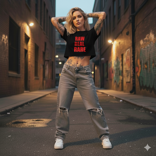 Person wearing a black t-shirt with 'RAW REAL RARE' text in a graffiti-covered alley.
