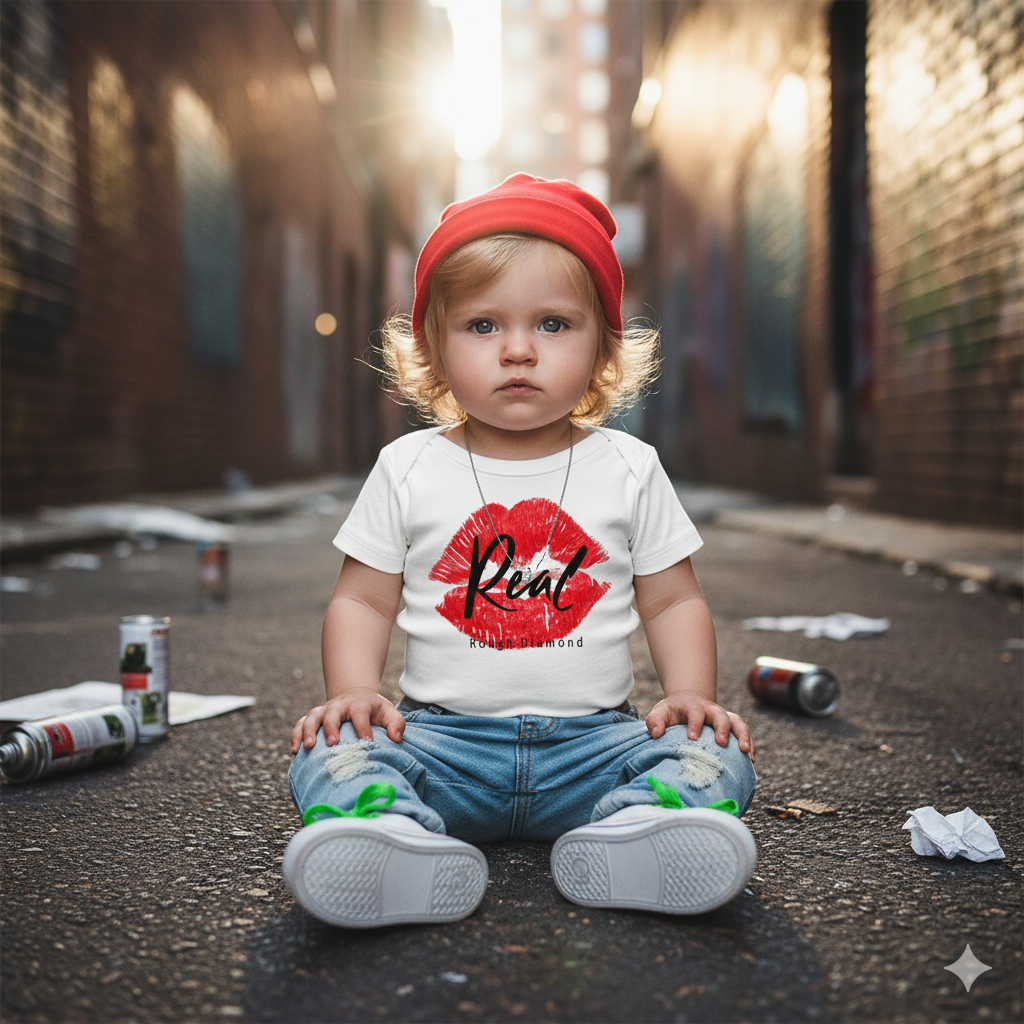 baby girl sitting in an alley wearing a red beanie and a white top with red lips graphic street style