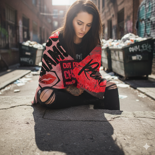 woman in alley streetwear style using a rough diamond throw blanket