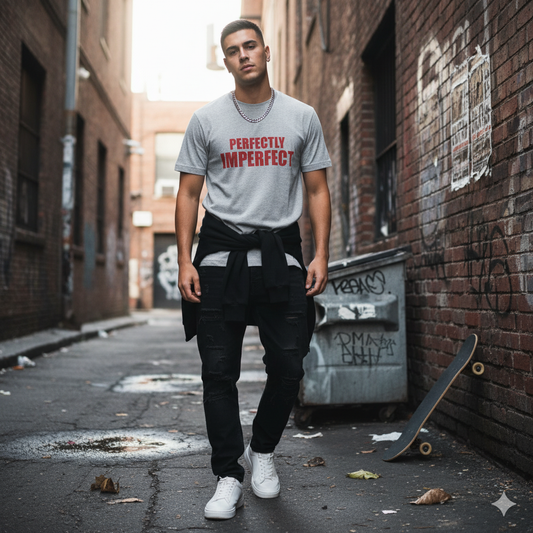 Man wearing a gray t-shirt with 'Perfectly Imperfect' text in an urban alleyway.