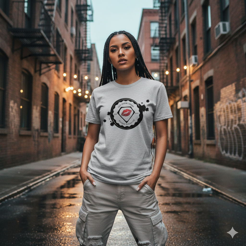 Woman wearing a gray t-shirt with a logo in an urban alleyway