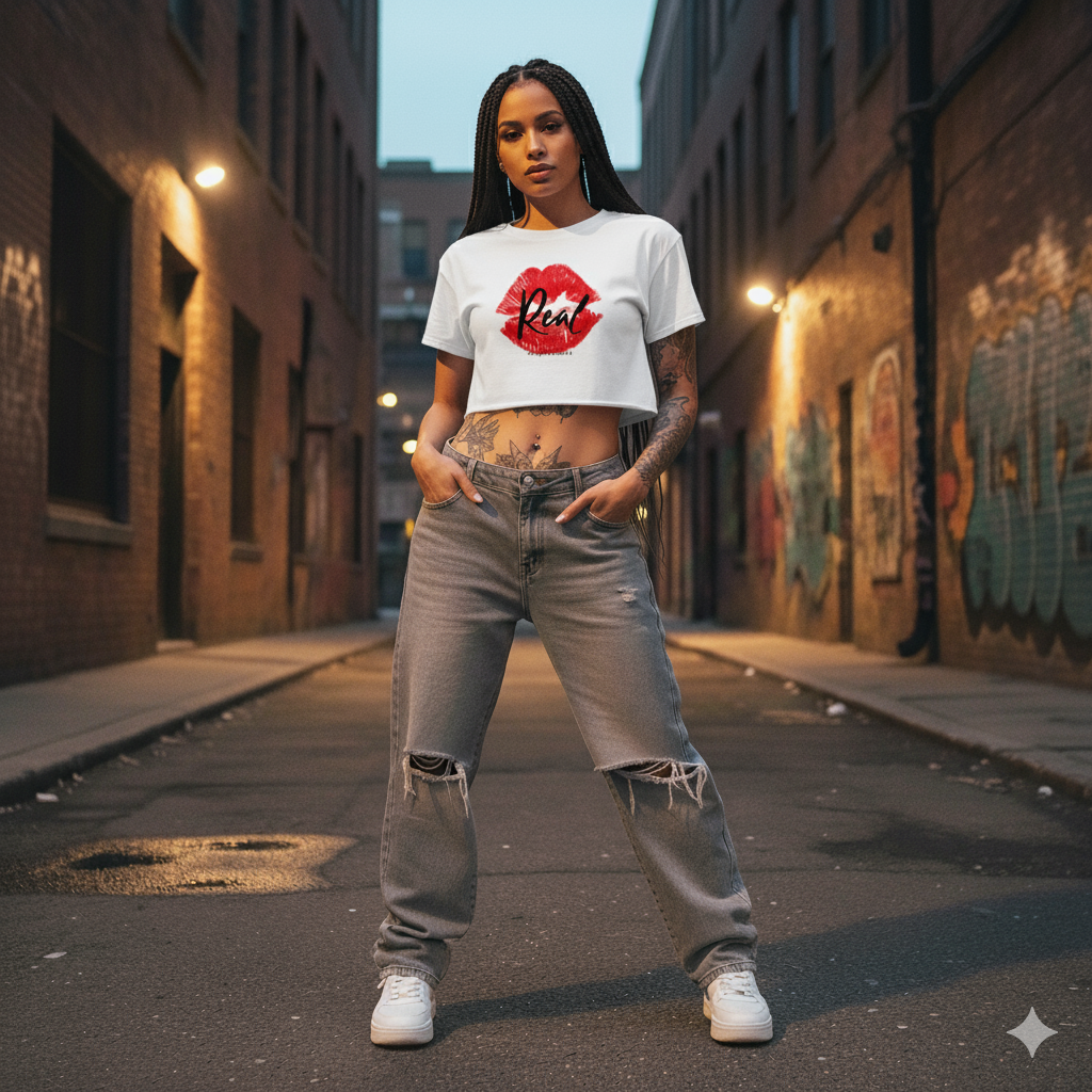woman wearing white crop top with red lip graphic rough diamond in alley streetwear style