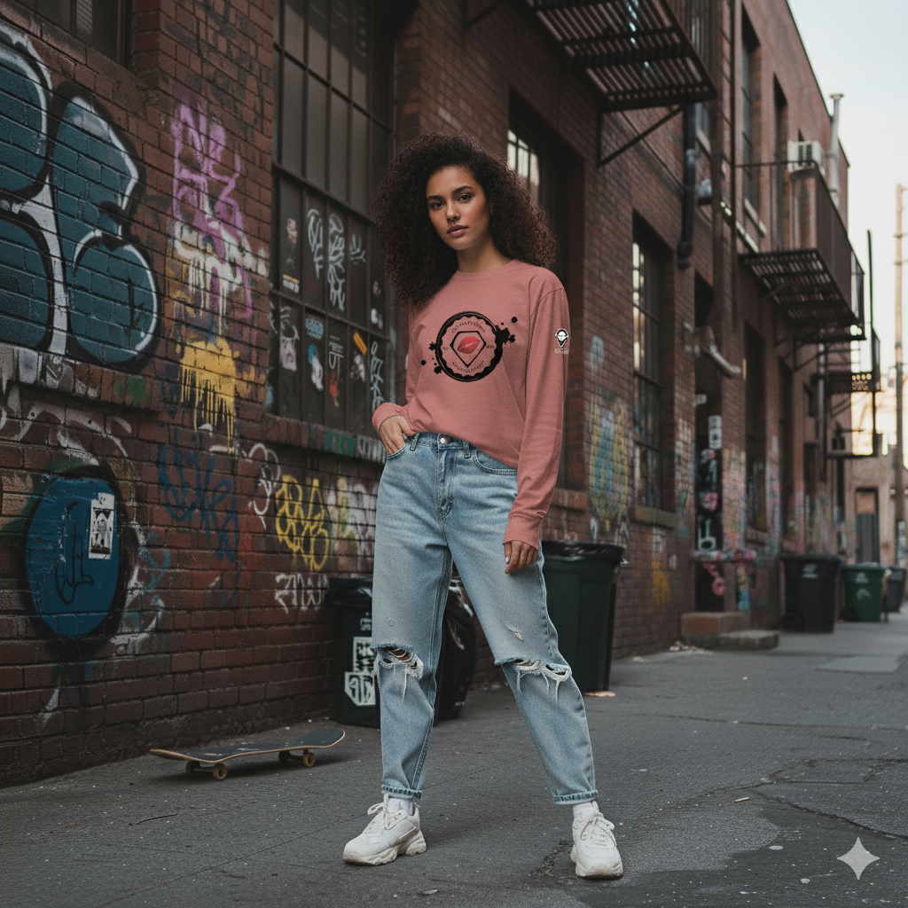 woman wearing long sleeve tee in alley streetwear style