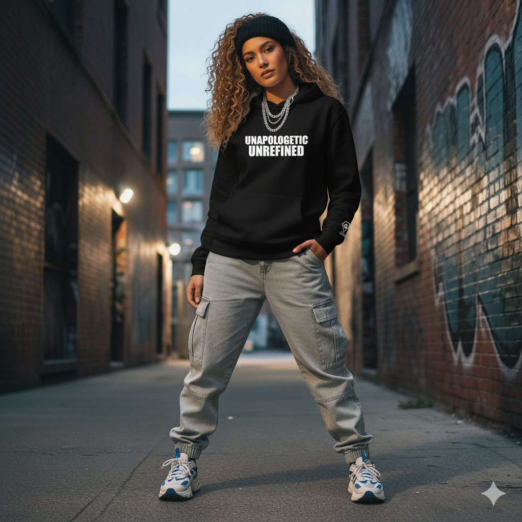 Person wearing a black hoodie with 'UNAPOLOGETIC UNREFINED' text, standing in an alleyway with graffiti.