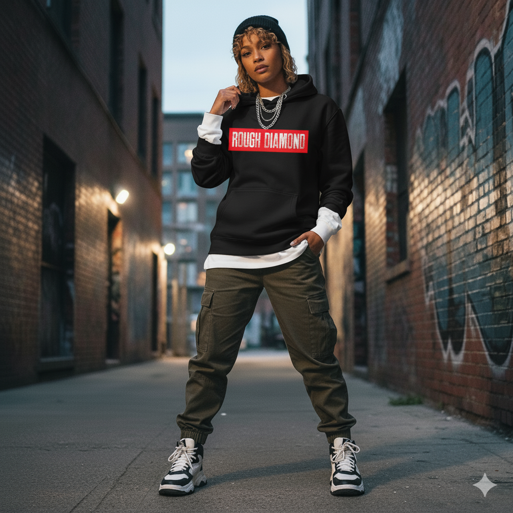 Person wearing a black hoodie with 'Rough Diamond' logo, green cargo pants, and black and white sneakers in an urban setting.