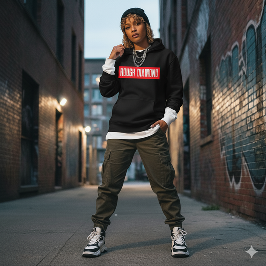 Person wearing a black hoodie with 'Rough Diamond' logo, green cargo pants, and black and white sneakers in an urban setting.