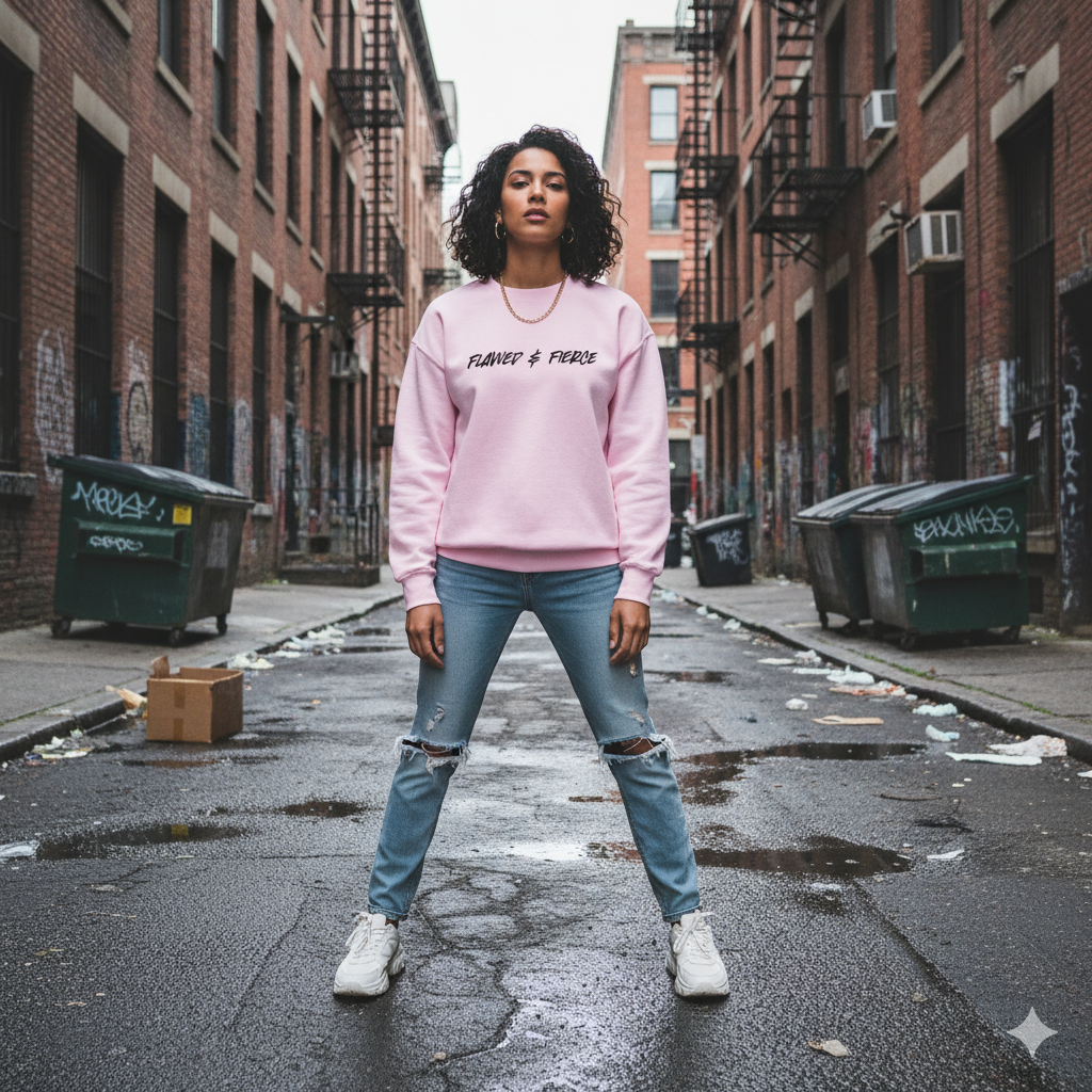 Woman wearing a pink sweatshirt with text on it, standing in an urban alleyway.