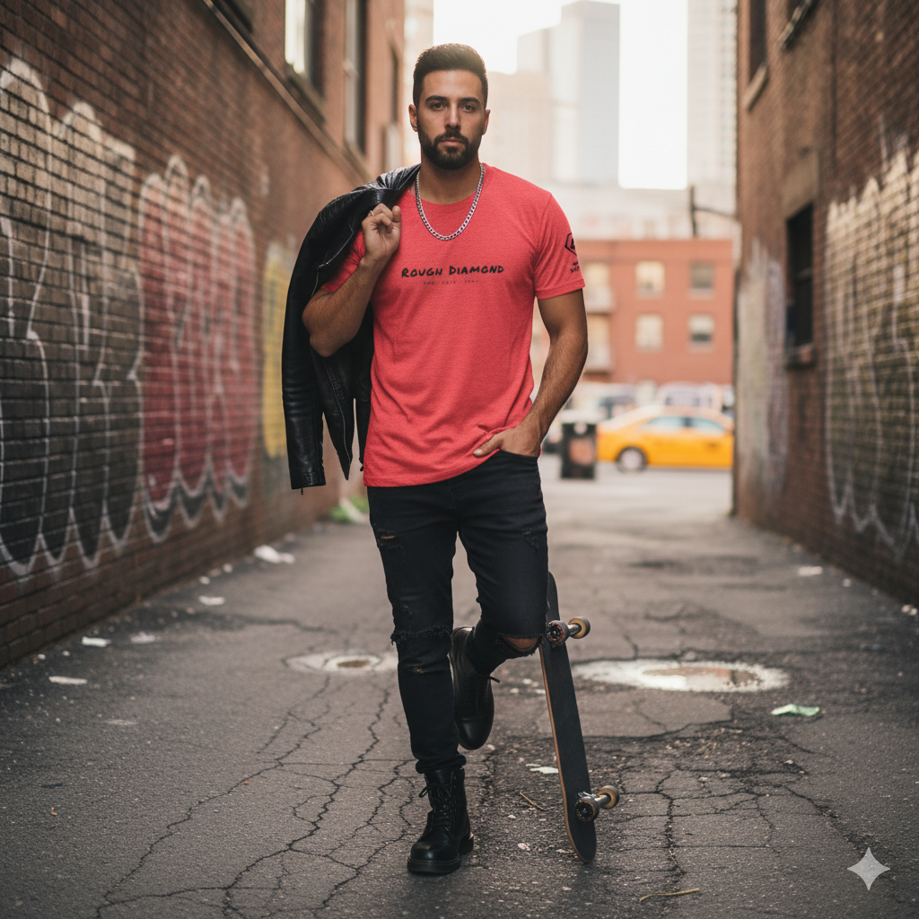 Man in a red t-shirt and black leather jacket holding a skateboard in an urban alleyway.