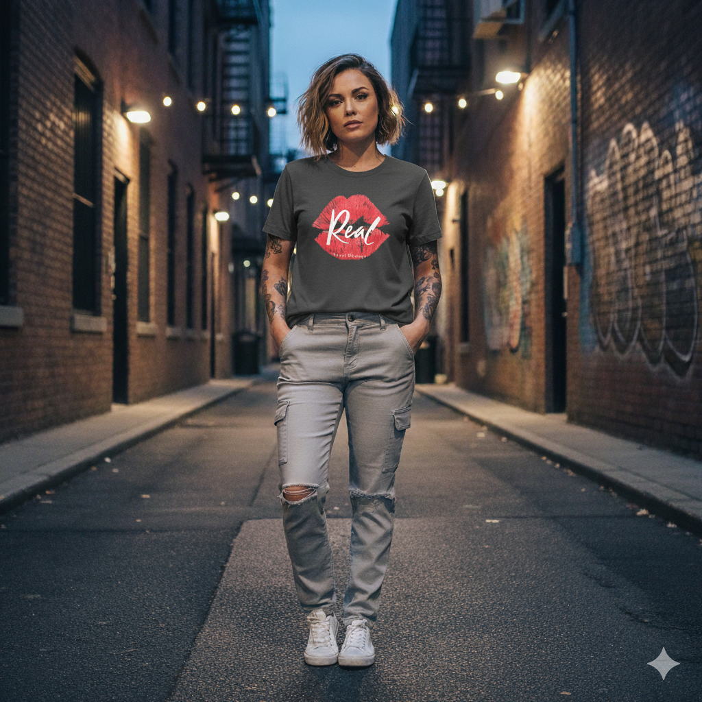 Woman standing in an alleyway wearing a graphic t-shirt and ripped jeans.