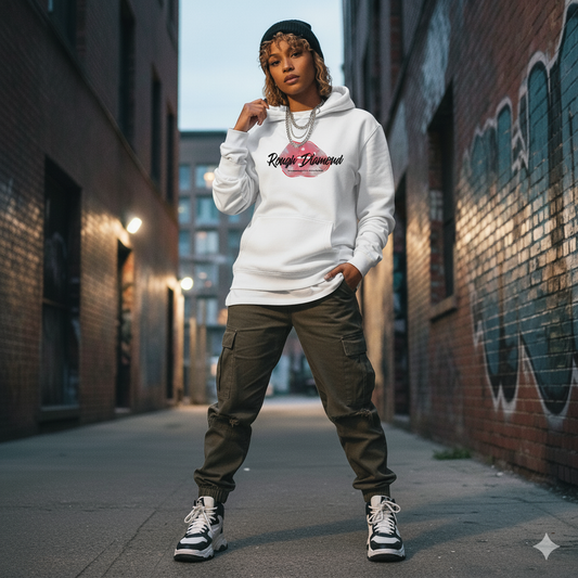 Person wearing a white hoodie with a graphic design, green cargo pants, and black and white sneakers in an urban alley.