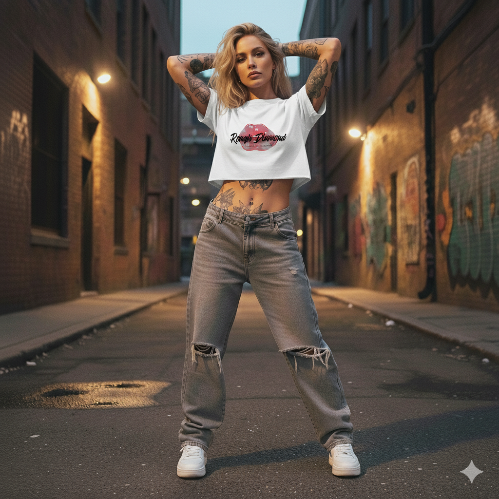 Woman standing in an urban alleyway wearing a white crop top and ripped jeans.