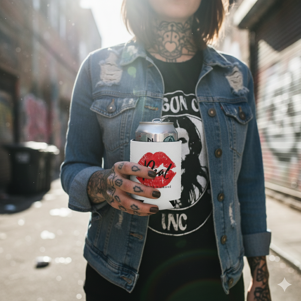 Person wearing a denim jacket and black graphic t-shirt holding a can with red lips design.