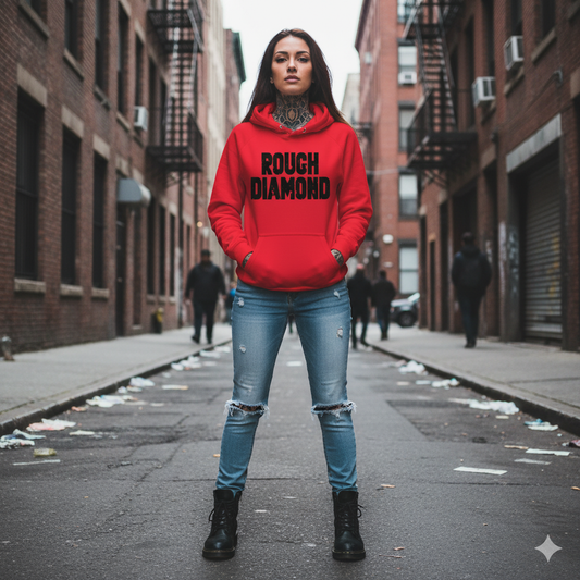 Person wearing a red 'Rough Diamond' hoodie on a city street.