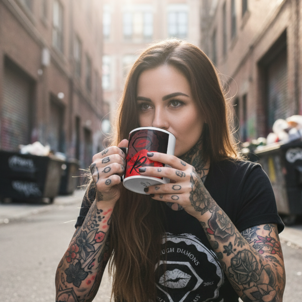 Woman with tattoos drinking from a red cup on a city street