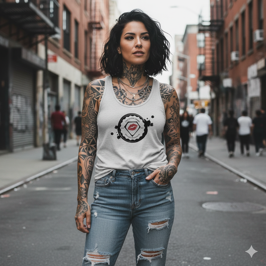 Woman with tattoos wearing a tank top and jeans on a city street