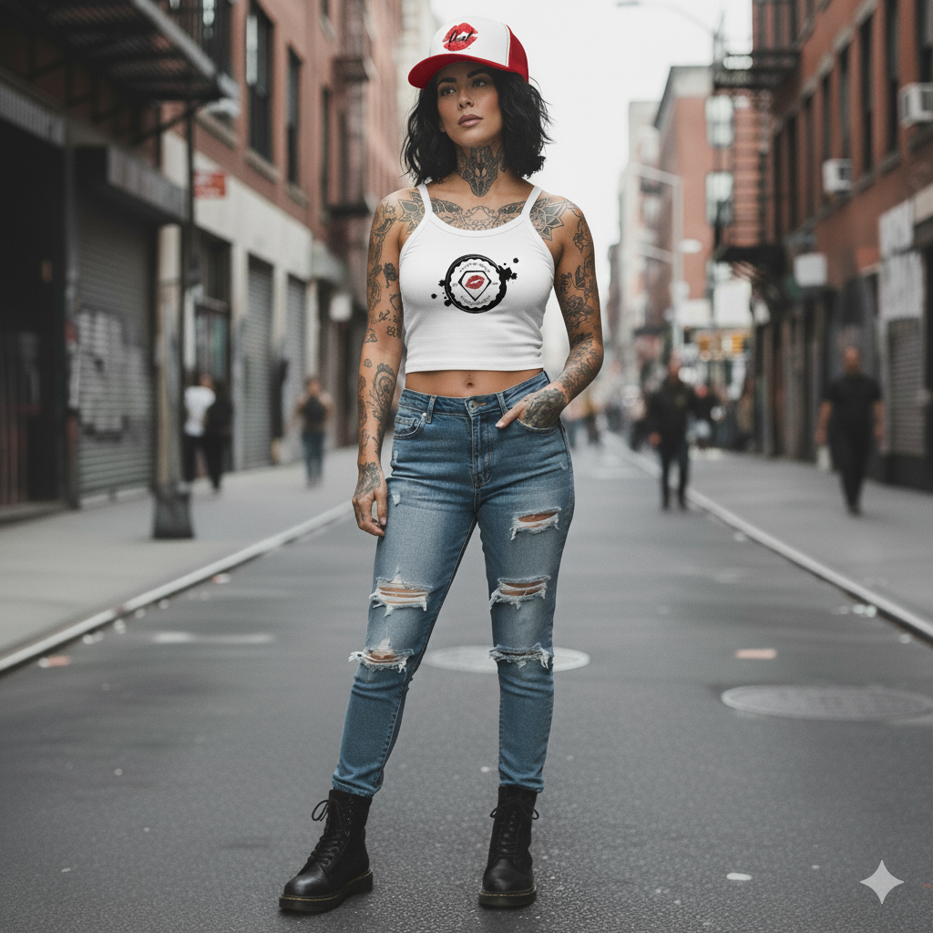 Person wearing a white tank top with a logo and ripped jeans on an urban street.