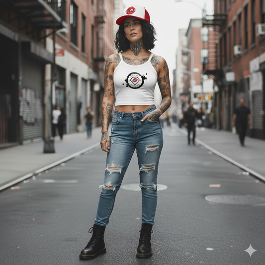 Person wearing a white tank top with a logo and ripped jeans on an urban street.