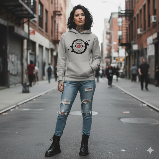 Woman wearing a hoodie with a logo on a city street