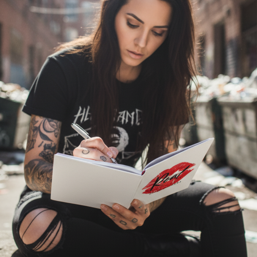 Woman with tattoos writing in a notebook with red lipstick mark on a blurred street background