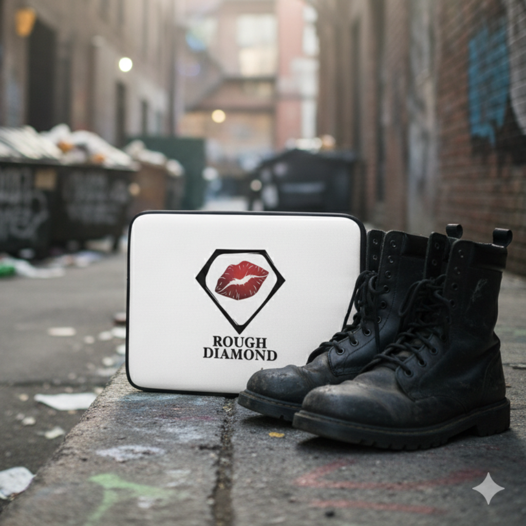 white laptop case in alley with army boots red lip graphic rough diamond logo