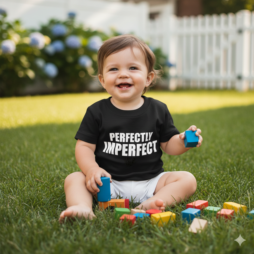Child playing with blocks in a grassy area wearing a black t-shirt with 'PERFECTLY IMPERFECT' text.