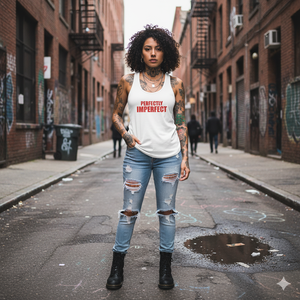 woman standing in alley wearing a rough diamond shirt that says perfectly imperfect streetwear style