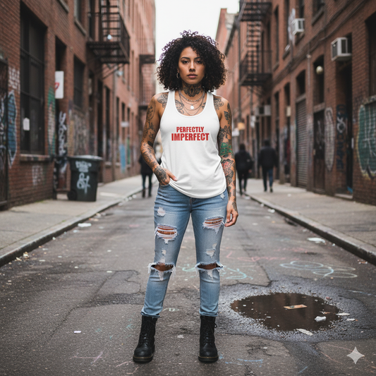 woman standing in alley wearing a rough diamond shirt that says perfectly imperfect streetwear style