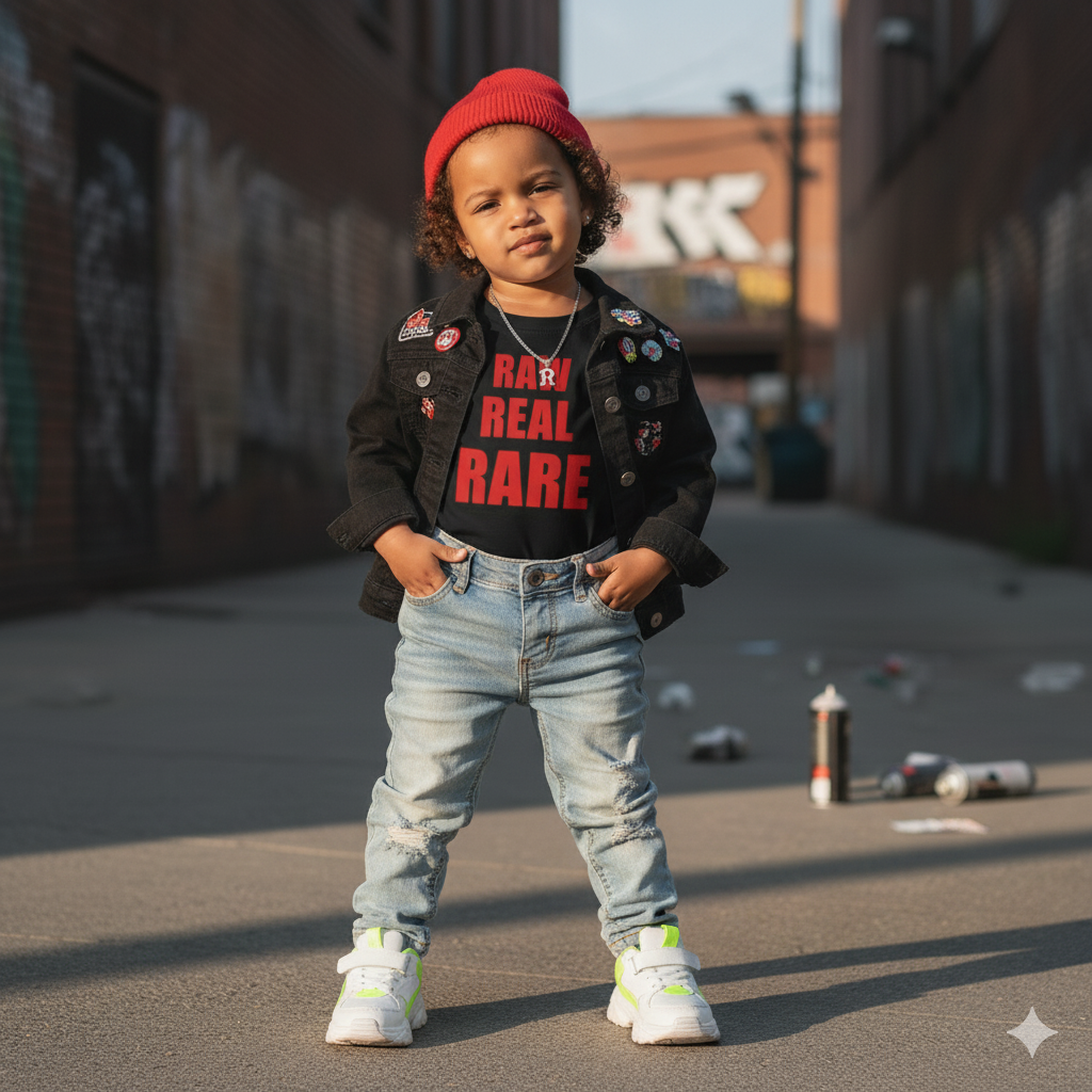 Child wearing a red beanie, black jacket with patches, and jeans standing in an urban setting.