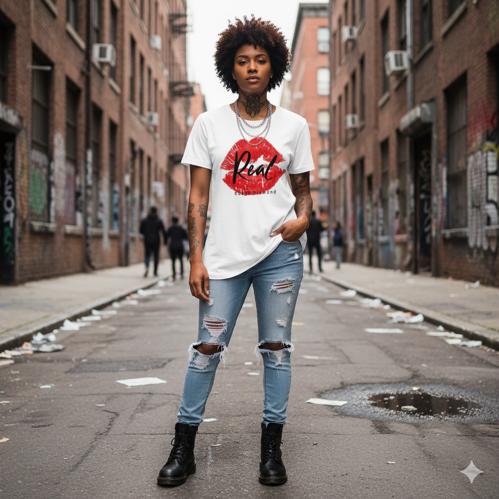 Person wearing a white t-shirt with a red graphic and ripped jeans on an urban street.