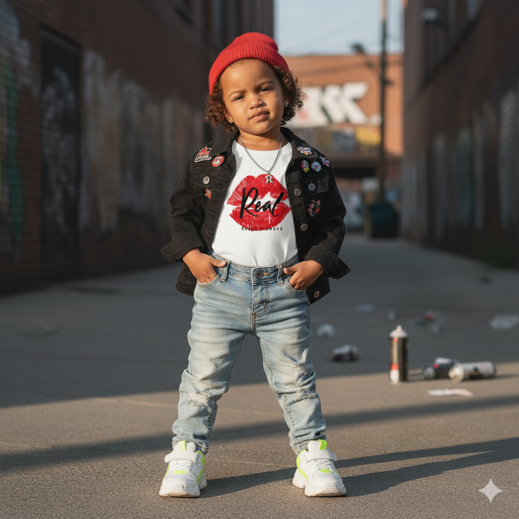 Child wearing a red beanie, black jacket with buttons, white t-shirt with graphic design, and blue jeans standing on an urban street.