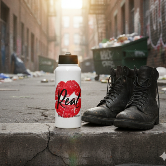 White water bottle with red lip print and black text on a street with worn black boots.