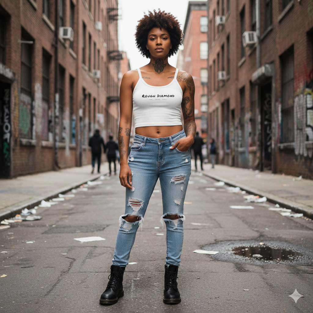 woman standing in alley wearing crop tank top streetwear style