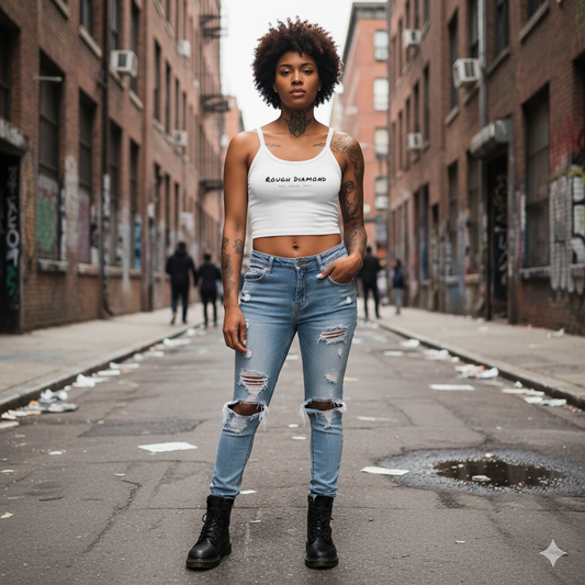 woman standing in alley wearing crop tank top streetwear style