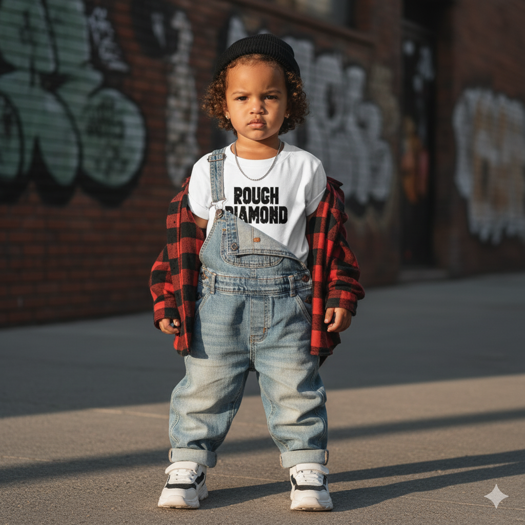 Child wearing denim overalls and a red plaid shirt in front of a graffiti-covered wall.