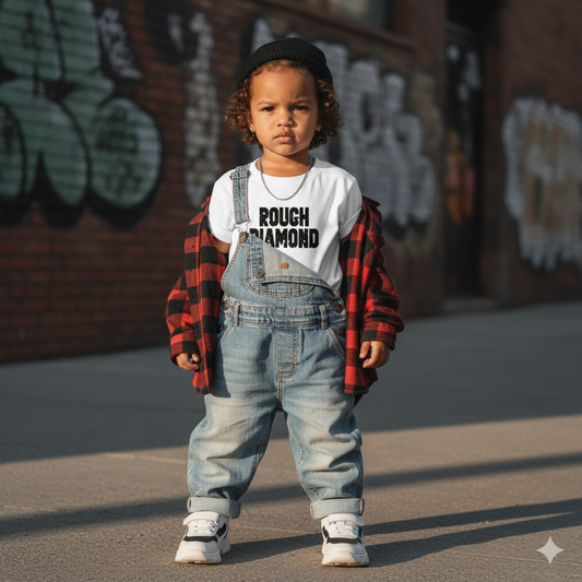 Child wearing denim overalls and a red plaid shirt in front of a graffiti-covered wall.