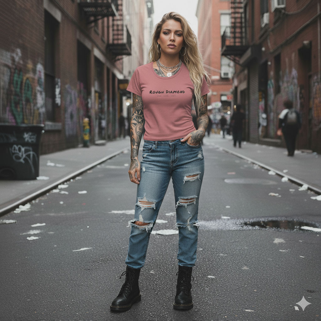 Woman in a pink t-shirt and ripped jeans standing on a city street.
