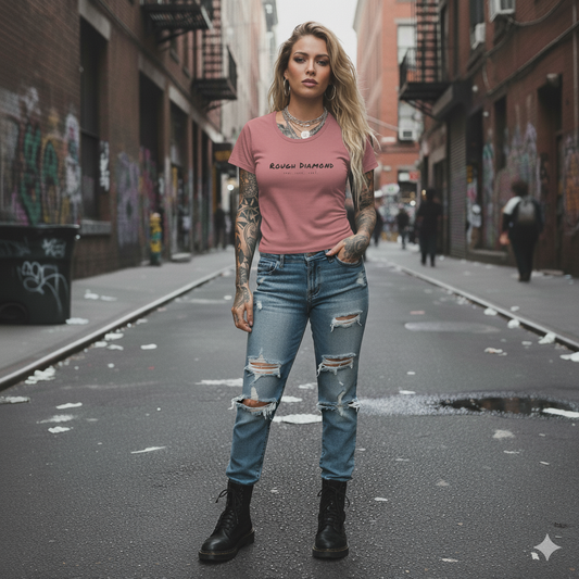 Woman in a pink t-shirt and ripped jeans standing on a city street.