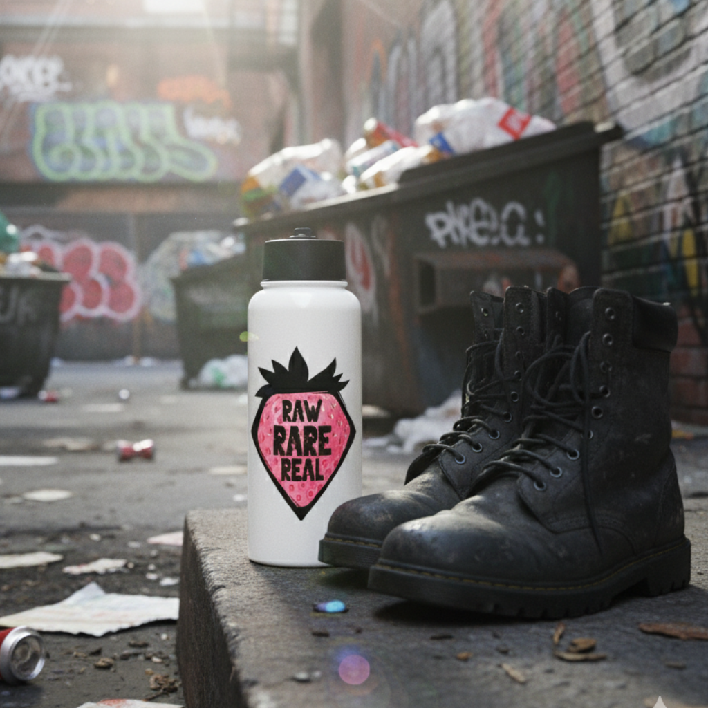White water bottle with a black and pink logo and black boots on a concrete ledge with graffiti in the background.