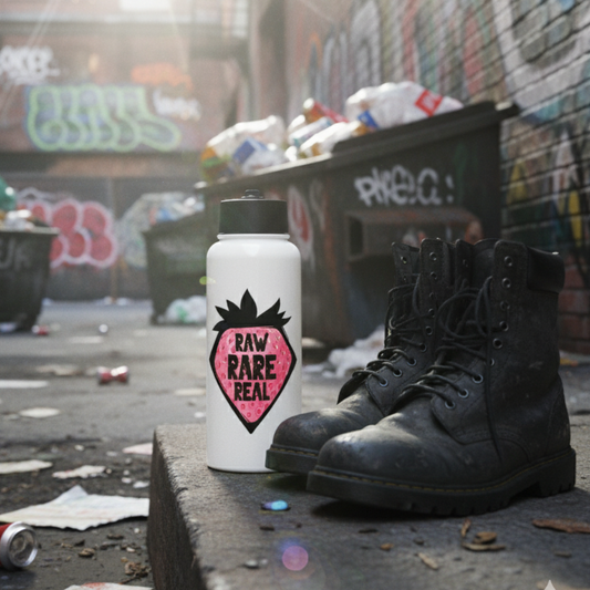 White water bottle with a black and pink logo and black boots on a concrete ledge with graffiti in the background.