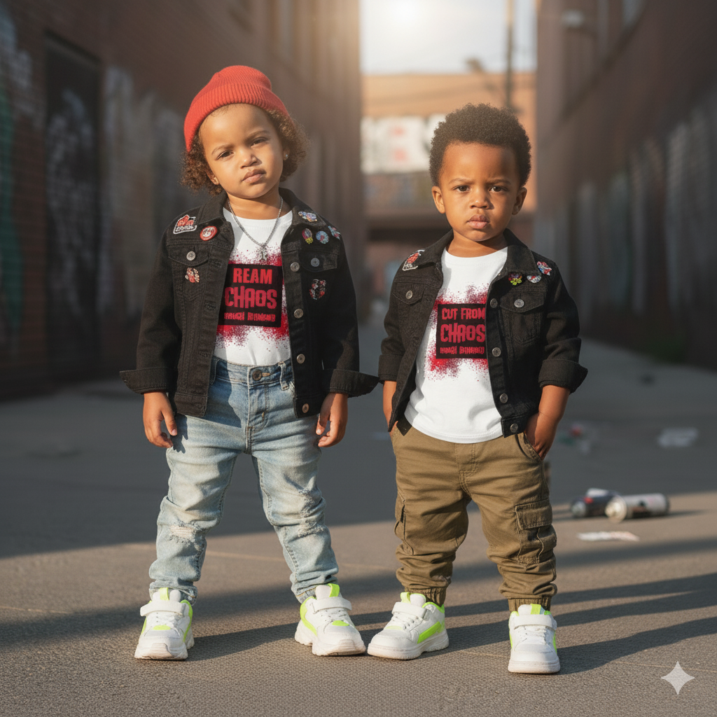 Two children standing on a street wearing matching outfits with jackets and sneakers.